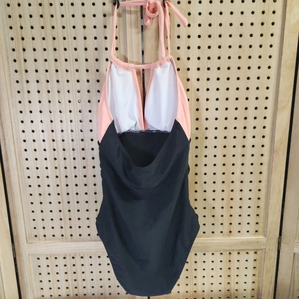One Piece Swimsuit Women's Black and Pink Cut Out Halter Tie Neck Ruched S beach